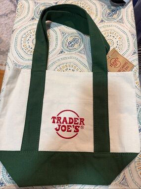 Trader Joe's Mini Canvas Tote Bag in Cream and Dark Green